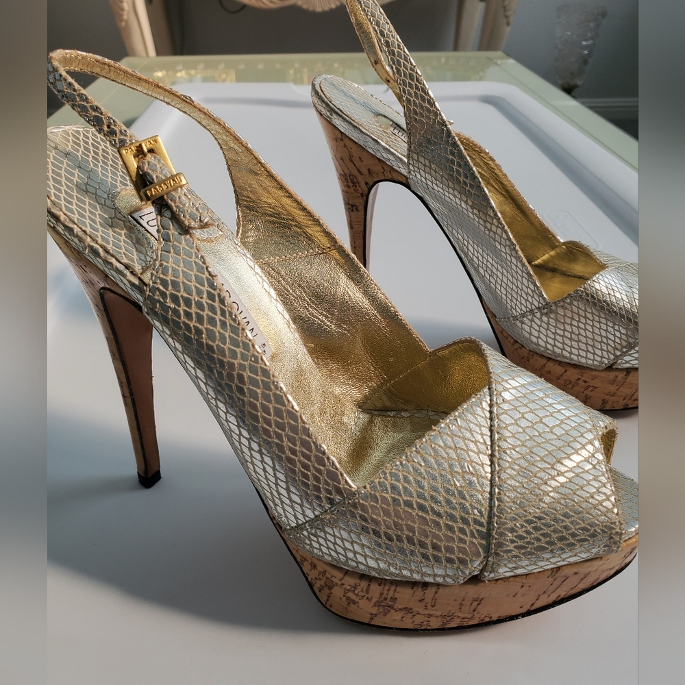 Luciano Padovan Platform Genuine Snakeskin Metallic Silver Size 38.5 EU